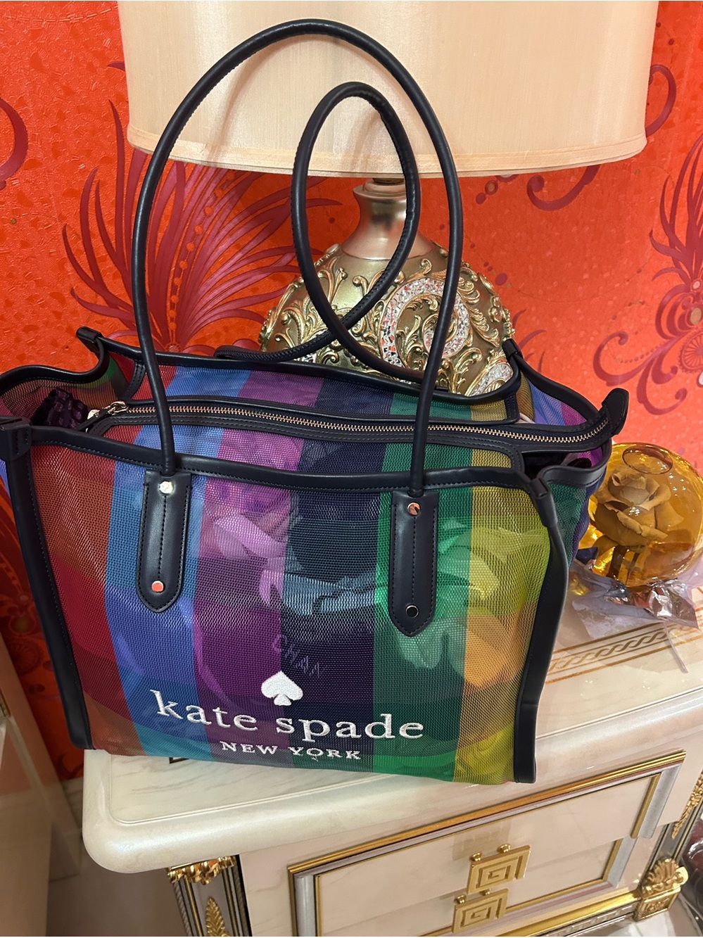 kate spade Rainbow Stripe Mesh Tote with Black Trim
